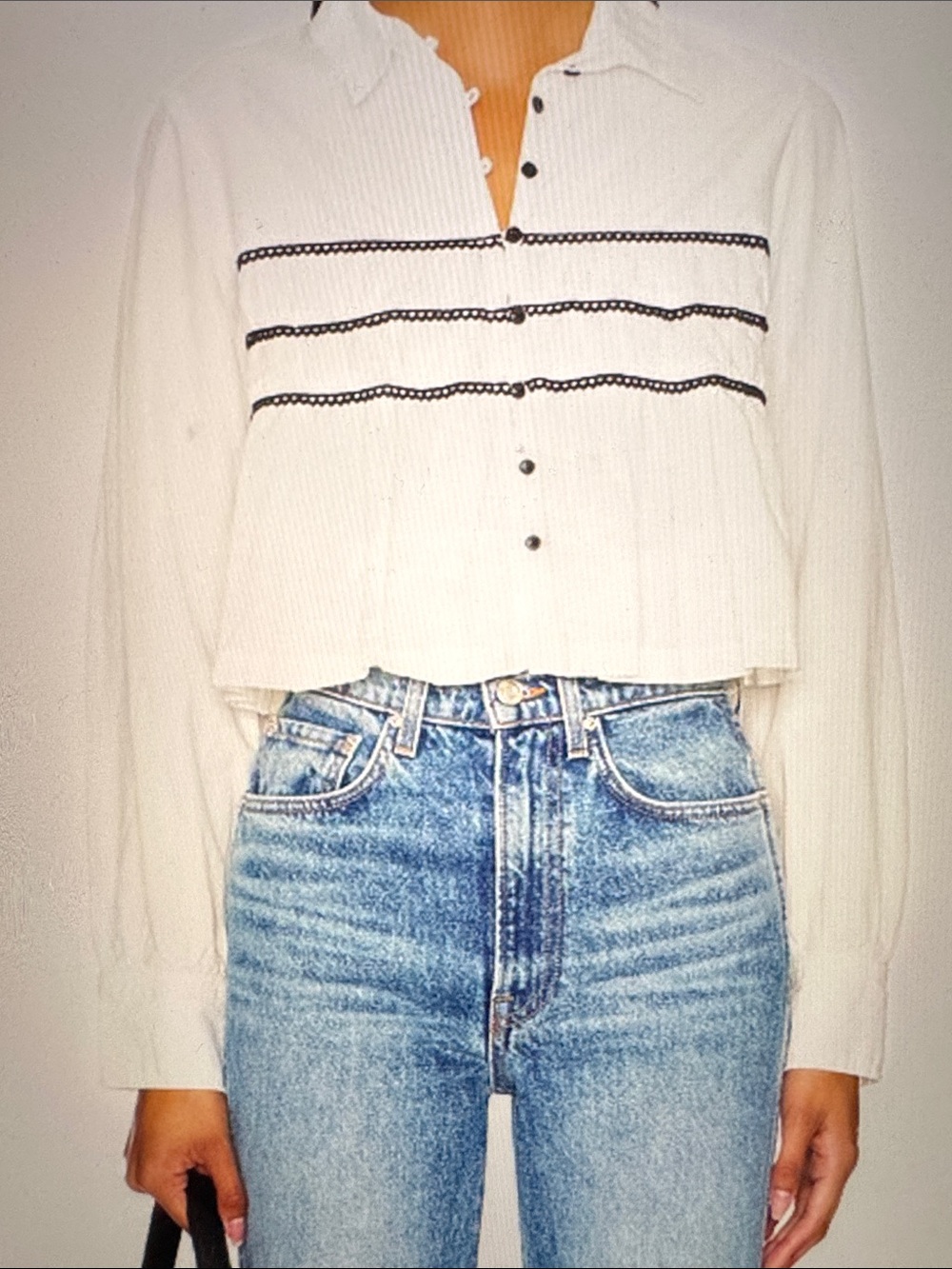Free People Lace Lover  White Button-Down Top with Black Lace Sz Medium